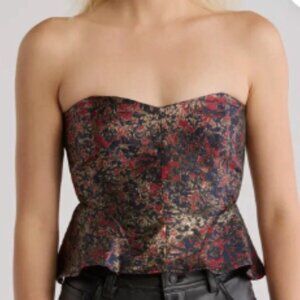 NSR Women Metallic Jacquard Strapless Peplum Top In Black/Red Large